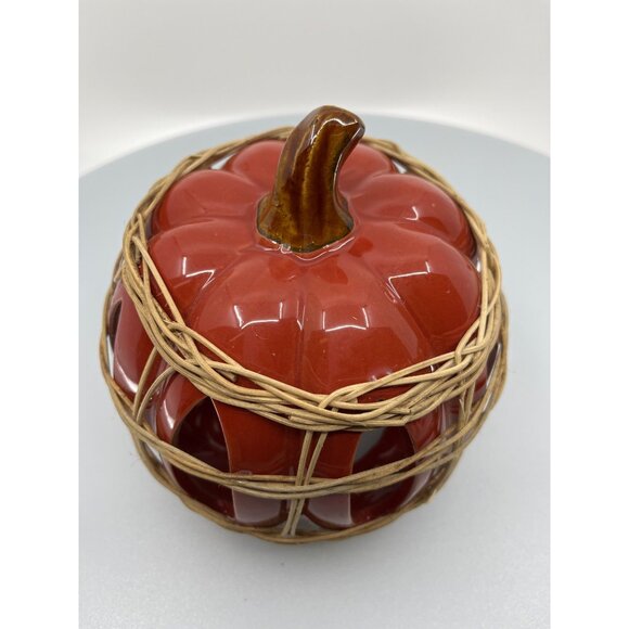 Ceramic Pumpkin Candle Holder With Rustic Wicker Detailing - Picture 9 of 13
